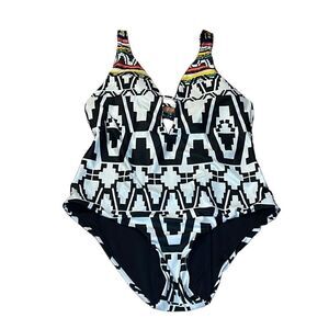 Becca Tribal Primitive Print Black White 1 piece swimsuit, bathing, tank, Large